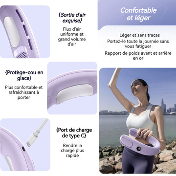 Ventilateur de cou violet 7.6W 20,2x19x11,3cm 5 vitesses réglables avec affichage numérique réglable éventail de cou portable